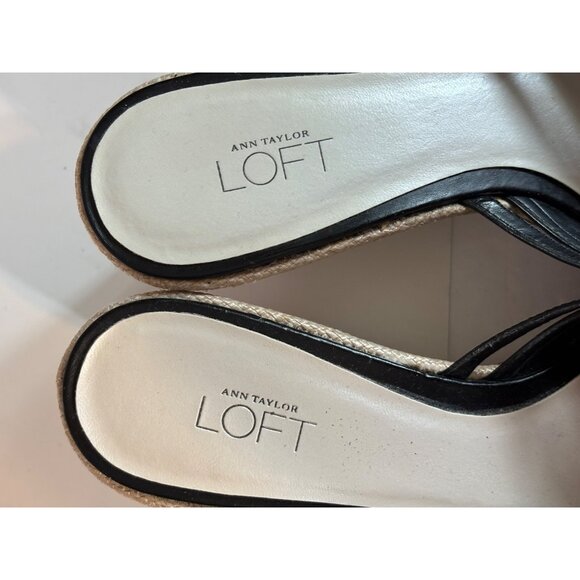 Ann Taylor Loft Leather Black Strappy Wedge Sandals Open Toe Womens 8 Woven Heel - Picture 10 of 12